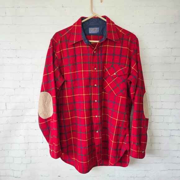 Pendleton VTG 100% Virgin Wool Button Up Shirt Size M Red Plaid Elbow Patches - Picture 1 of 8